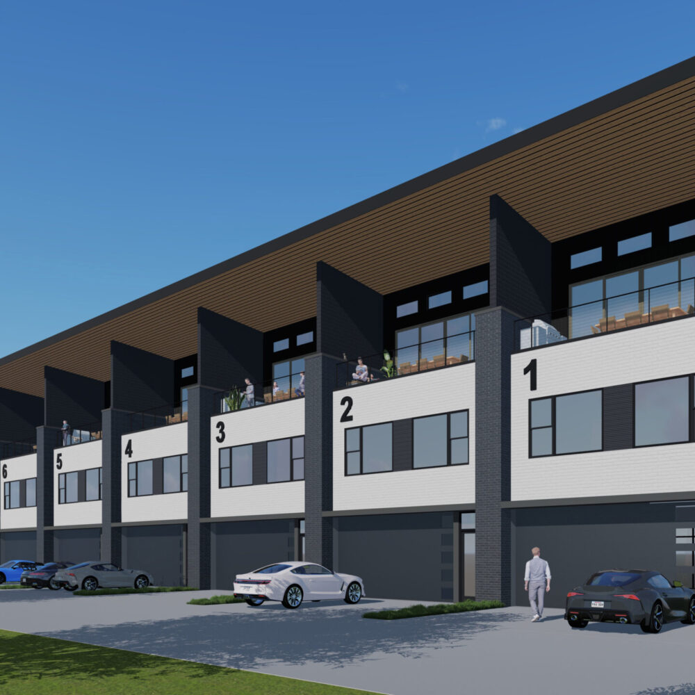 Marque Townhomes - Dark Siding, White Brick_Front Perspective Eye Level