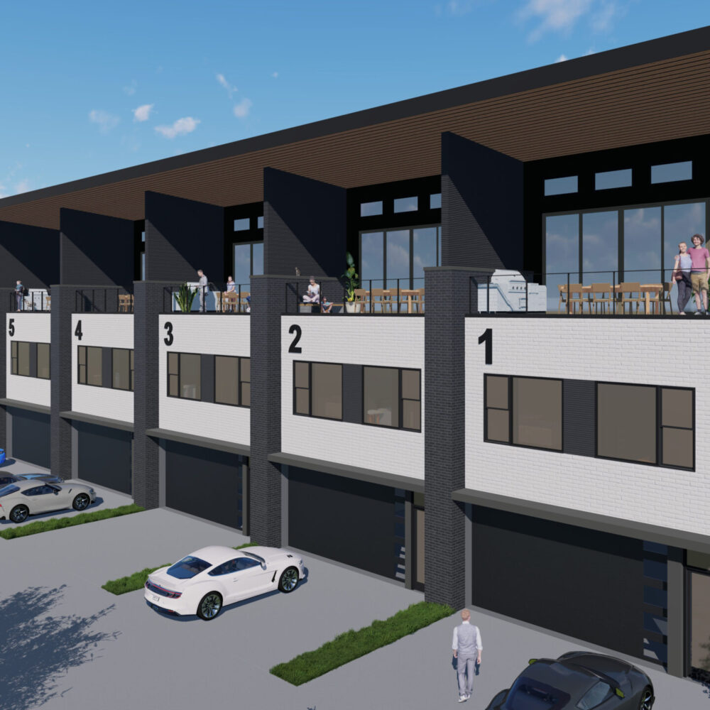 Marque Townhomes - Dark Siding, White Brick_Front Perspective